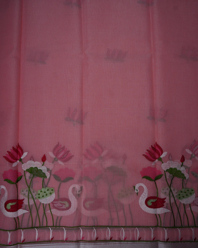 Bhavana Handlooms rose pink silk Kota saree featuring intricate swan and lotus embroidery and a decorative border.