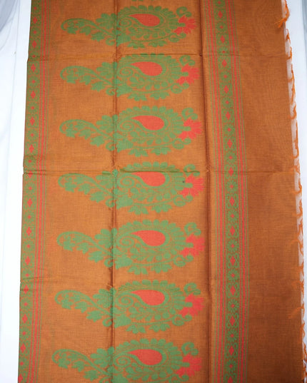 Bhavana Handlooms rust orange Coimbatore handloom saree featuring green and orange bird motifs and a magenta border.