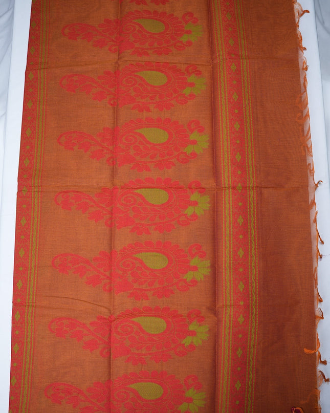 Bhavana Handlooms rust orange Coimbatore handloom saree featuring traditional bird motifs and a magenta woven border.