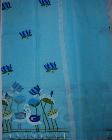 Bhavana Handlooms sky blue silk kota saree featuring intricate swan and lotus embroidery and an elegant border