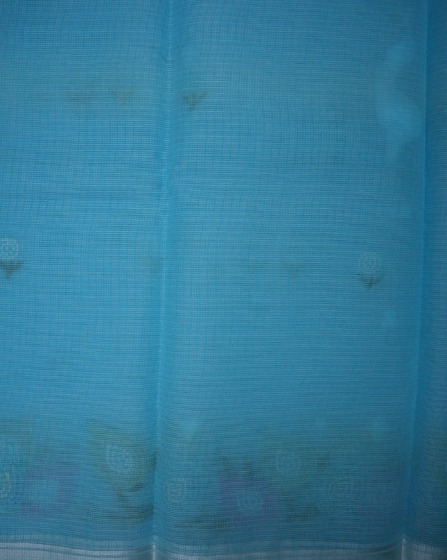 Bhavana Handlooms sky blue silk Kota saree featuring delicate floral embroidery motifs and a woven border.