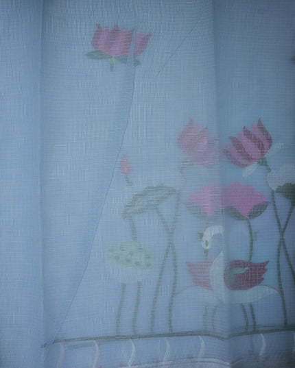 Bhavana Handlooms sky blue silk kota saree featuring delicate swan and lotus embroidery and an elegant border.