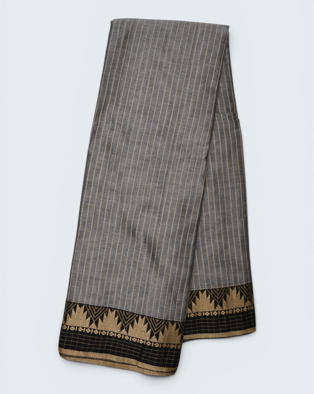 Bhavana Handlooms steel grey mercerized cotton saree with thin beige stripes and a black and gold traditional border. Lightweight drape.