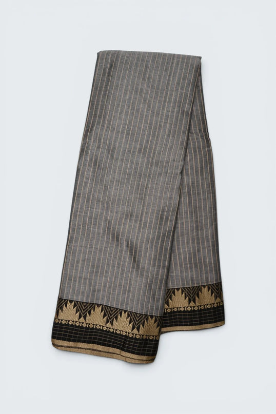Bhavana Handlooms steel grey mercerized cotton saree with thin beige stripes and a black and gold traditional border. Lightweight drape.