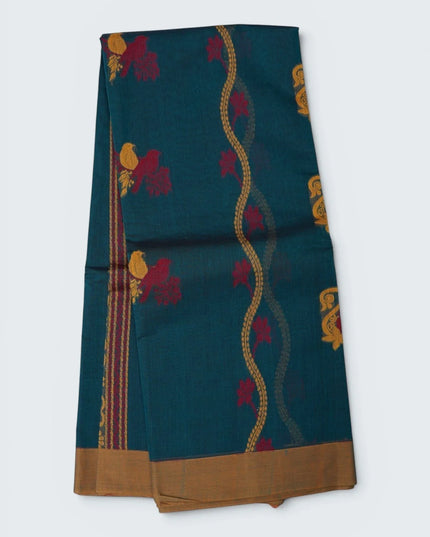 Bhavana Handlooms teal blue Coimbatore handloom saree featuring traditional bird motifs and a mustard woven border.