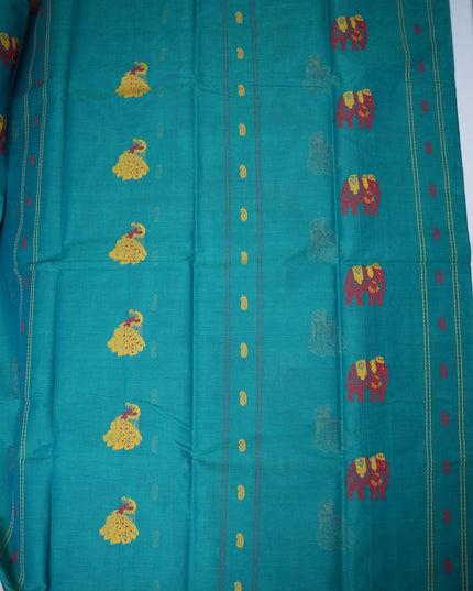 Bhavana Handlooms teal blue Coimbatore handloom saree with traditional elephant motifs and mustard gold woven border.