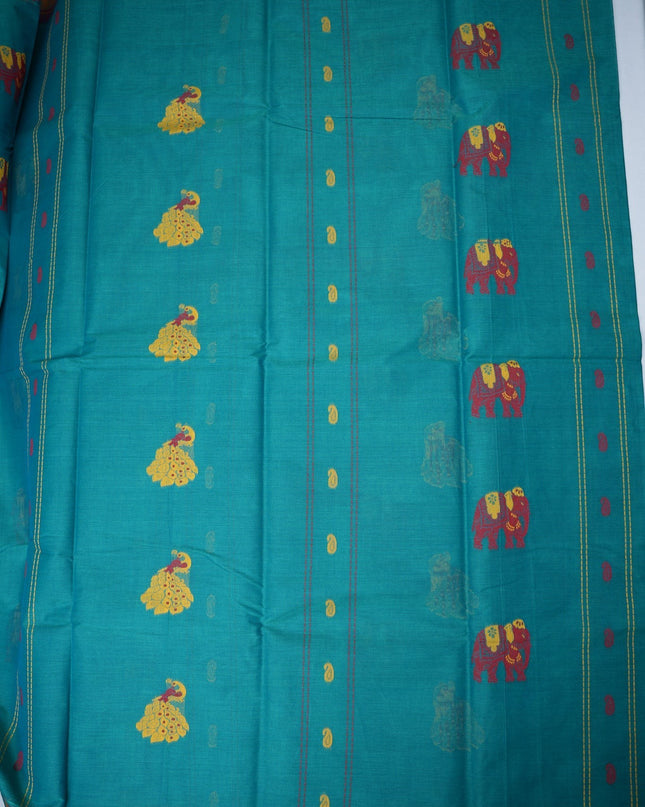 Bhavana Handlooms teal blue Coimbatore handloom saree with traditional elephant motifs and mustard gold woven border.