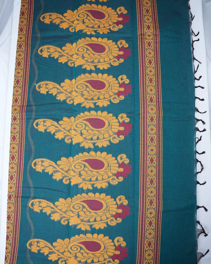 Bhavana Handlooms teal blue Coimbatore handloom saree featuring traditional mustard bird motifs and woven border