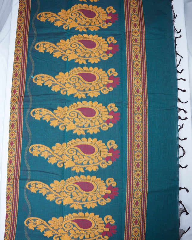 Bhavana Handlooms teal blue Coimbatore handloom saree featuring traditional mustard bird motifs and woven border