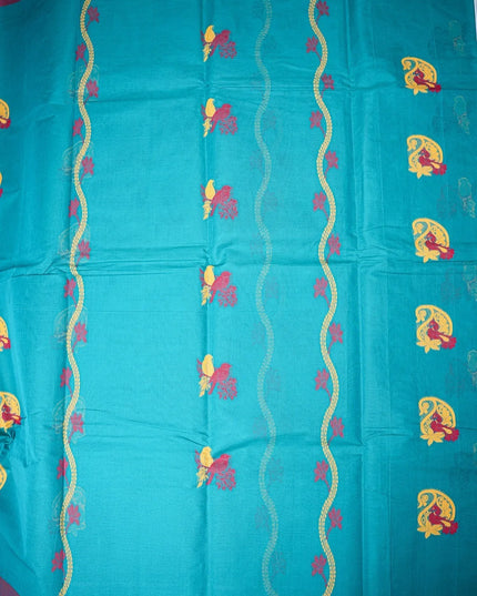 Bhavana Handlooms teal blue Coimbatore handloom saree featuring traditional bird motifs and a contrast woven border.