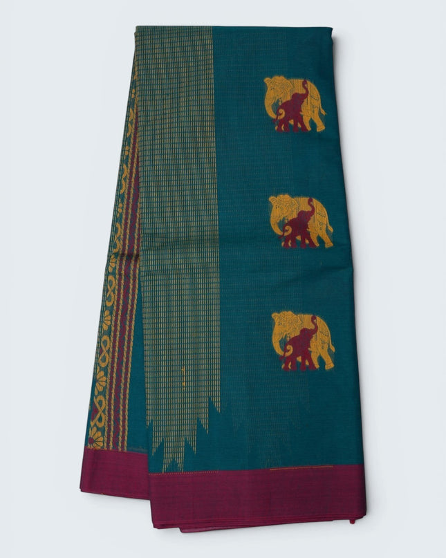 Bhavana Handlooms teal blue Coimbatore handloom saree with gold and pink elephant motifs and a contrast rani pink border