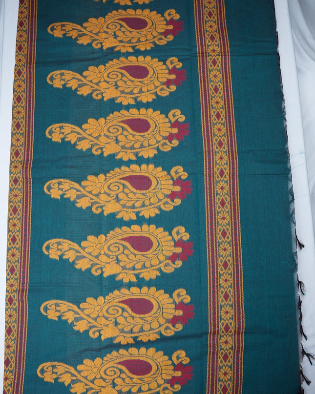 Bhavana Handlooms teal blue Coimbatore handloom saree featuring traditional elephant motifs and mustard gold border