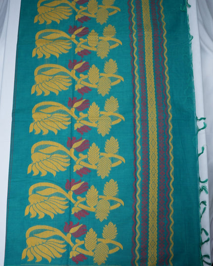 Bhavana Handlooms teal blue handloom saree featuring traditional elephant motifs and a mustard gold woven border.