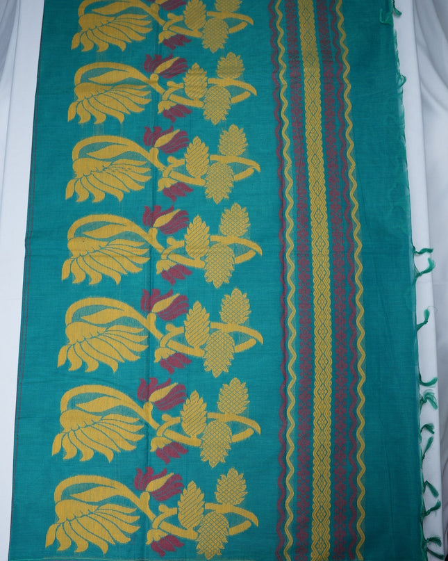 Bhavana Handlooms teal blue handloom saree featuring traditional elephant motifs and a mustard gold woven border.