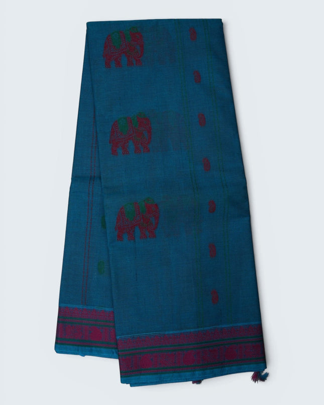 Bhavana Handlooms teal blue cotton saree featuring red elephant motifs and a traditional woven border