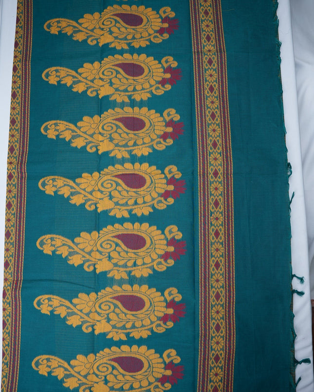 Bhavana Handlooms teal blue Coimbatore handloom saree featuring yellow paisley motifs and a contrast rani pink border