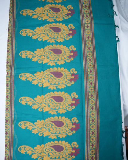 Bhavana Handlooms teal blue Coimbatore handloom saree featuring yellow and maroon traditional bird motifs and border.
