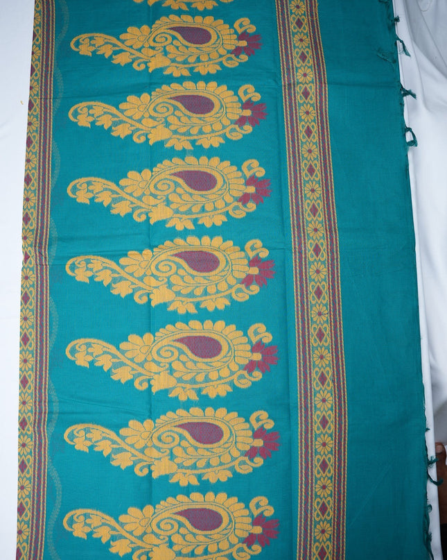 Bhavana Handlooms teal blue Coimbatore handloom saree featuring yellow and maroon traditional bird motifs and border.