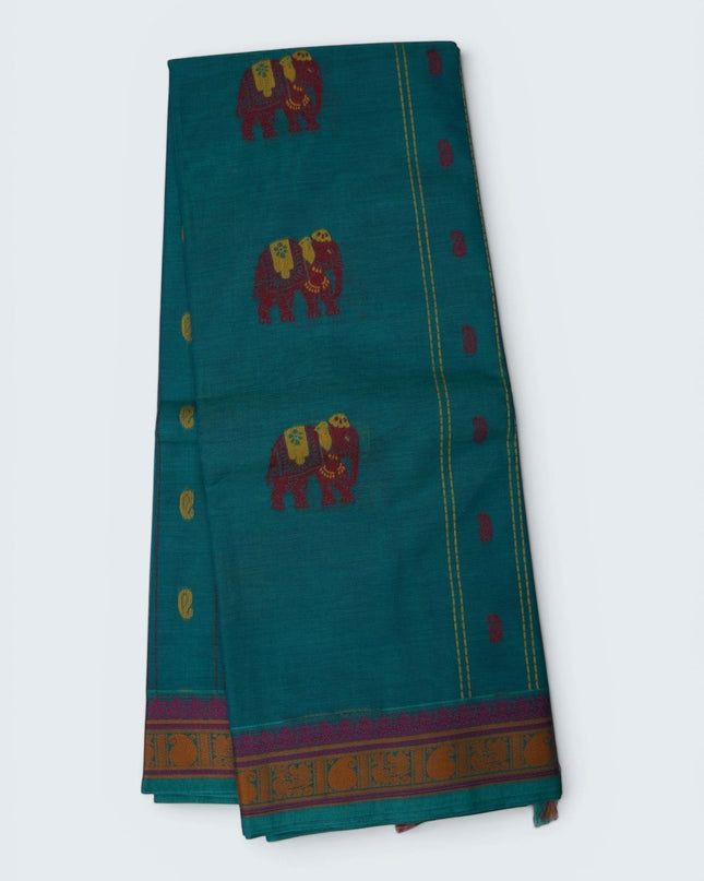 Bhavana Handlooms teal blue Coimbatore handloom saree featuring traditional red elephant motifs and mustard gold border