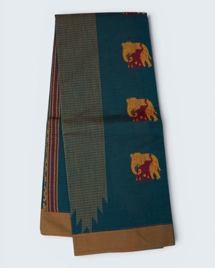 Bhavana Handlooms teal blue Coimbatore handloom saree with mustard gold border and traditional elephant motifs.