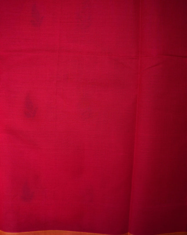 Bhavana Handlooms tomato red Coimbatore handloom saree featuring traditional paisley motifs and a contrast green border