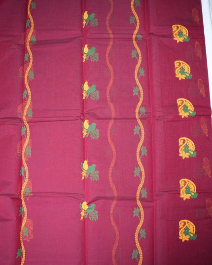 Bhavana Handlooms wine purple Coimbatore handloom saree featuring traditional bird motifs and a contrast rust woven border
