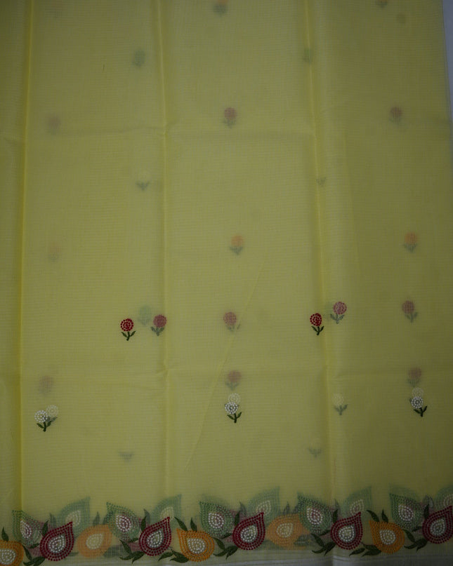 Bhavana Handlooms lemon yellow silk Kota saree featuring delicate floral embroidery motifs and a multicolor border.