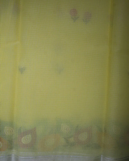 Bhavana Handlooms lemon yellow silk Kota saree featuring delicate floral embroidery and a multicolor designer border.