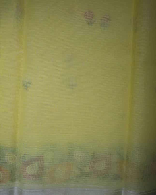 Bhavana Handlooms lemon yellow silk Kota saree featuring delicate floral embroidery and a multicolor designer border.