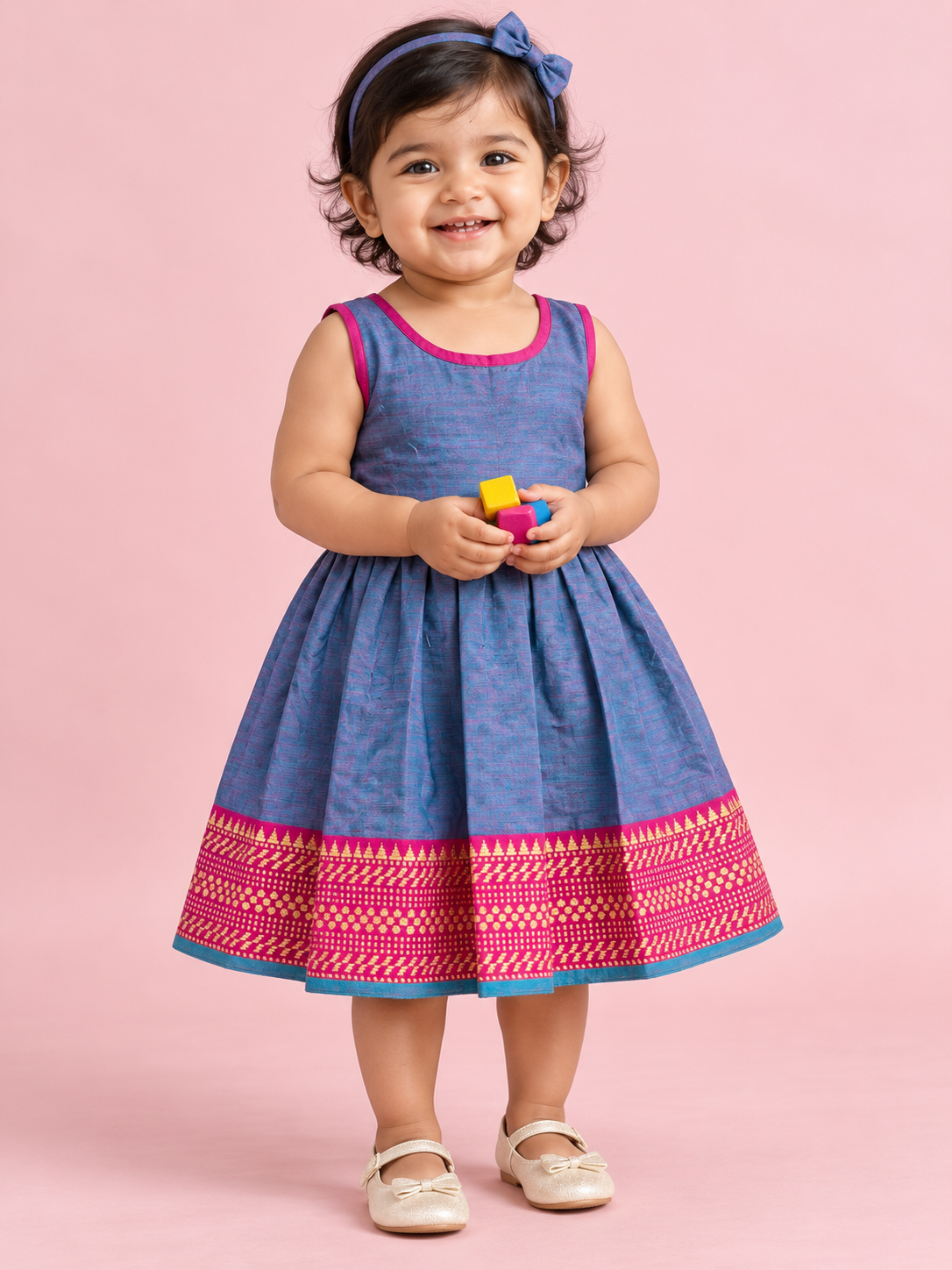 Blue & Pink Border Baby Frock for Girls – 1 to 3 Years – photo 1