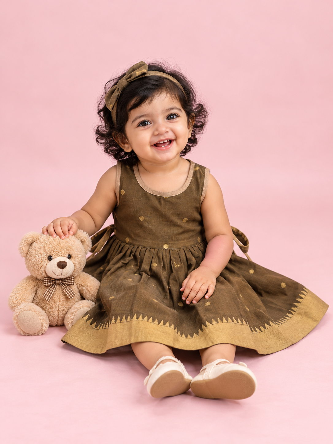 Brown & Gold Polka Dot Baby Frock for Girls – 1 to 3 Years – photo 1