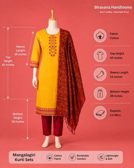 Premium Mangalagiri Kurti Set with Embroidery Design, Threads Bottom & Printed Dupatta – Yellow Colour