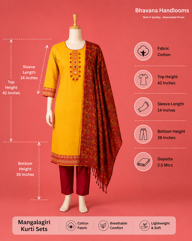 Premium Mangalagiri Kurti Set with Embroidery Design, Threads Bottom & Printed Dupatta – Pink & Orange Double Wevan
