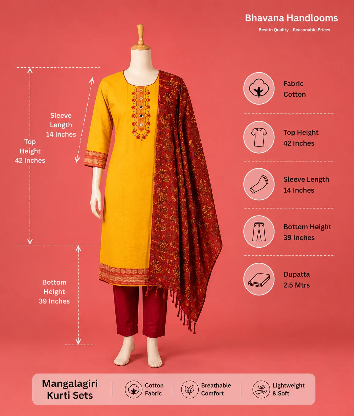 Premium Mangalagiri Kurti Set with Embroidery Design, Threads Bottom & Printed Dupatta – Slate Blue Colour