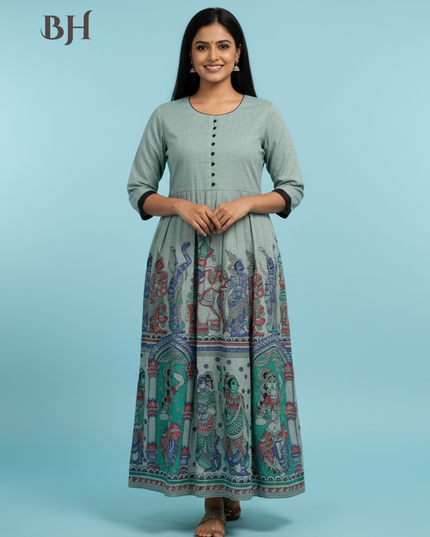 Ramayanam Cotton Frock Pastel Sage Green – Premium Ethnic Wear for Women & Girls