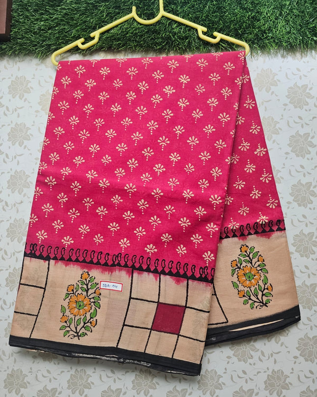 Vasundhara 120count Printed Cotton Saree with Pink colour