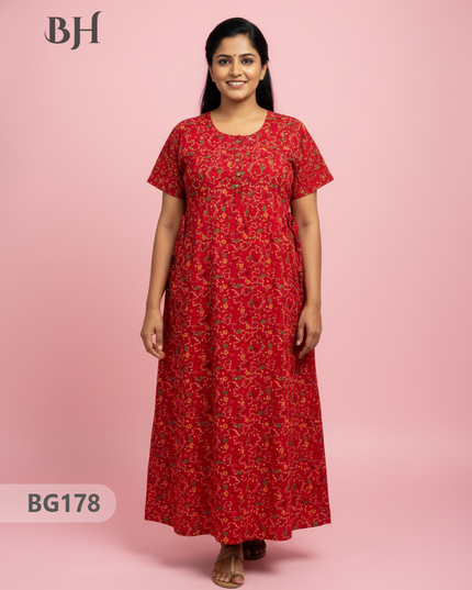 Cotton Frock Nighty with Knot & Pocket | Comfortable Free Size Nightwear