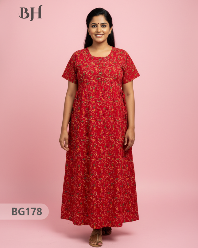 Cotton Frock Nighty with Knot & Pocket | Comfortable Free Size Nightwear