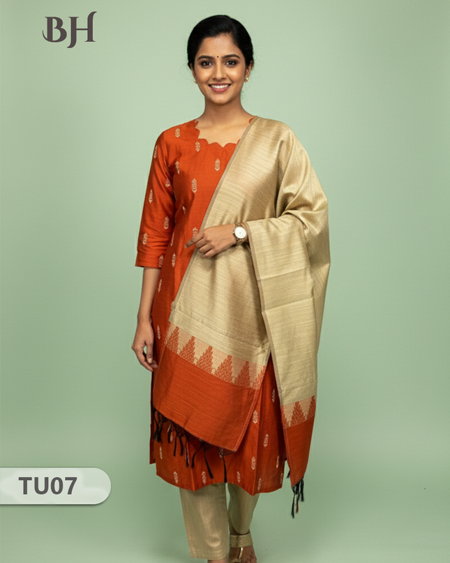 Raw Silk 3-Piece Kurti Set with Cut Work Neck Design in Orange Colour | Full-Length Lined Kurti with Gold Dupatta