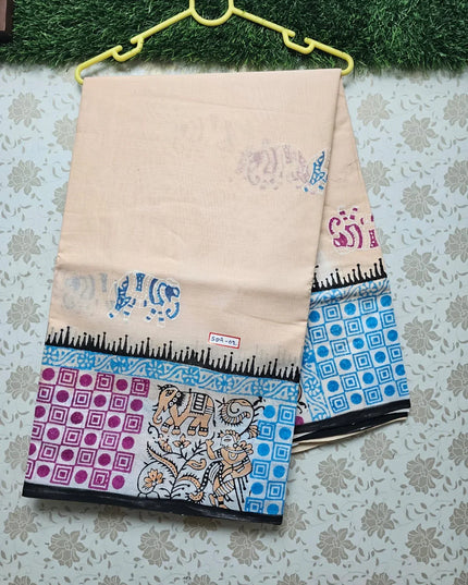 Vasundhara 120count Printed Cotton Saree with Pastal Brown colour
