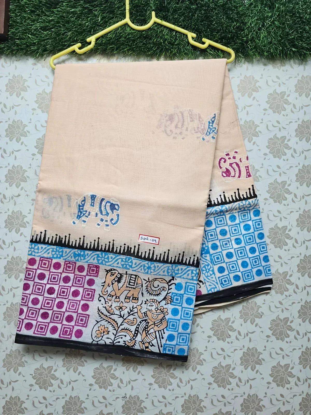 Vasundhara 120count Printed Cotton Saree with Pastal Brown colour