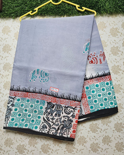 Vasundhara 120count Printed Cotton Saree with Pastal Gray colour