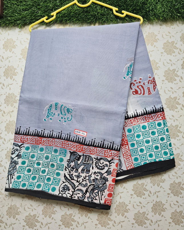 Vasundhara 120count Printed Cotton Saree with Pastal Gray colour