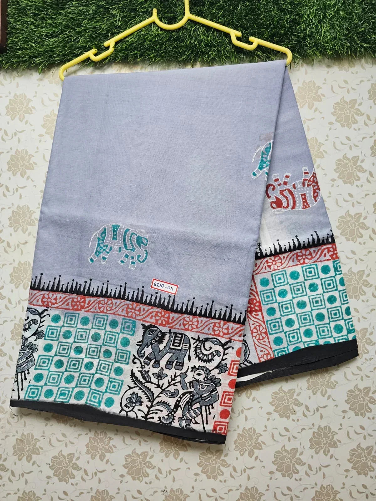 Vasundhara 120count Printed Cotton Saree with Pastal Gray colour