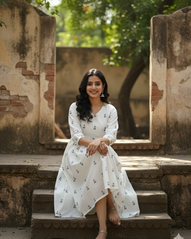 Elegant White Cotton Frock – Comfortable Daily & Occasion Wear