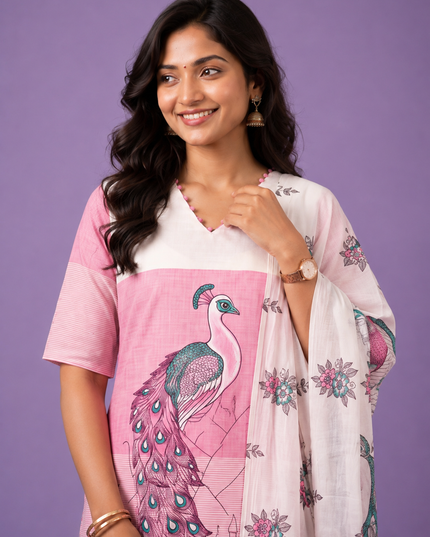 Madhubani Printed Peacock Design 3PC Kurti Set in Pink Colour with Printed Dupatta | Stylish Ethnic Wear | Ready to Wear