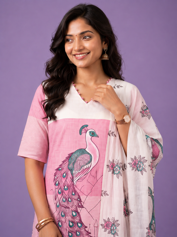 Madhubani Printed Peacock Design 3PC Kurti Set in Pink Colour with Printed Dupatta | Stylish Ethnic Wear | Ready to Wear