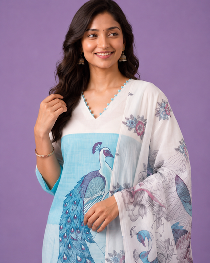 Madhubani Printed Peacock Design 3PC Kurti Set in Sky Blue Colour with Printed Dupatta | Stylish Ethnic Wear | Ready to Wear