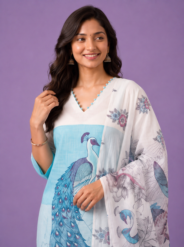 Madhubani Printed Peacock Design 3PC Kurti Set in Sky Blue Colour with Printed Dupatta | Stylish Ethnic Wear | Ready to Wear