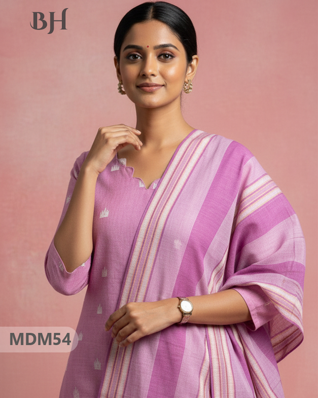 Handloom Jacquard 3pc Suit Set – Pink with Pocket, Elastic Bottom & Full Lining